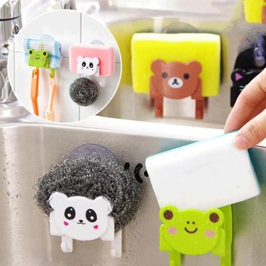 Cute Carton Dish Cloth Sponge Holder With Suction Cup Wall Mounted Type