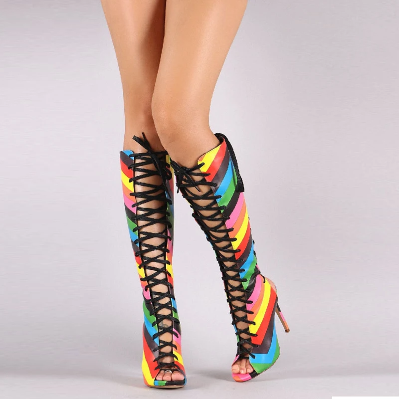 

Rome Style Cross-tied Thigh High Boots Peep Toe Lace-Up Women Knee High Boots Rainbow Printing Leather High Heels Women Shoes