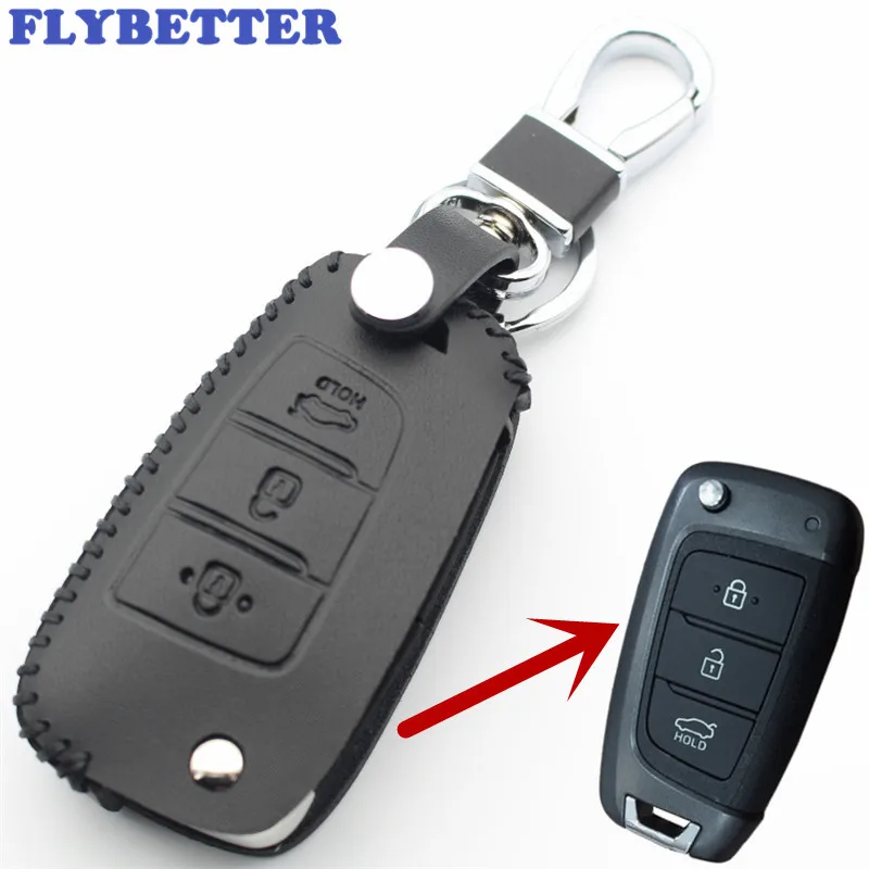 

FLYBETTER Genuine Leather 3Button Flip Key Case Cover For Hyundai I35/Santa Fe/Solaris/Tucson/Verna/Elantra/I40/Genesis L365