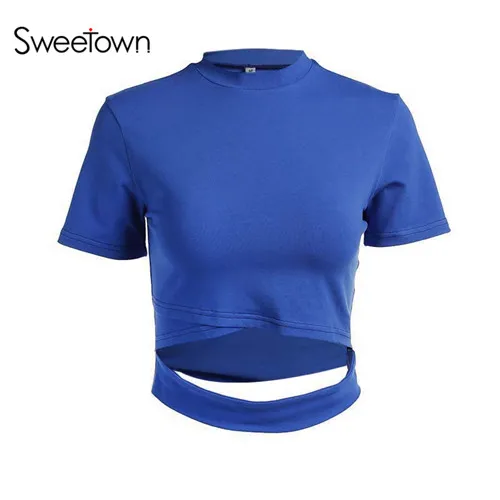 Sweetown белый укороченный Топ Harajuku футболка 6 цветов открытые женские летние топы Повседневный женский в Корейском стиле футболка BTS Топ - Цвет: blue