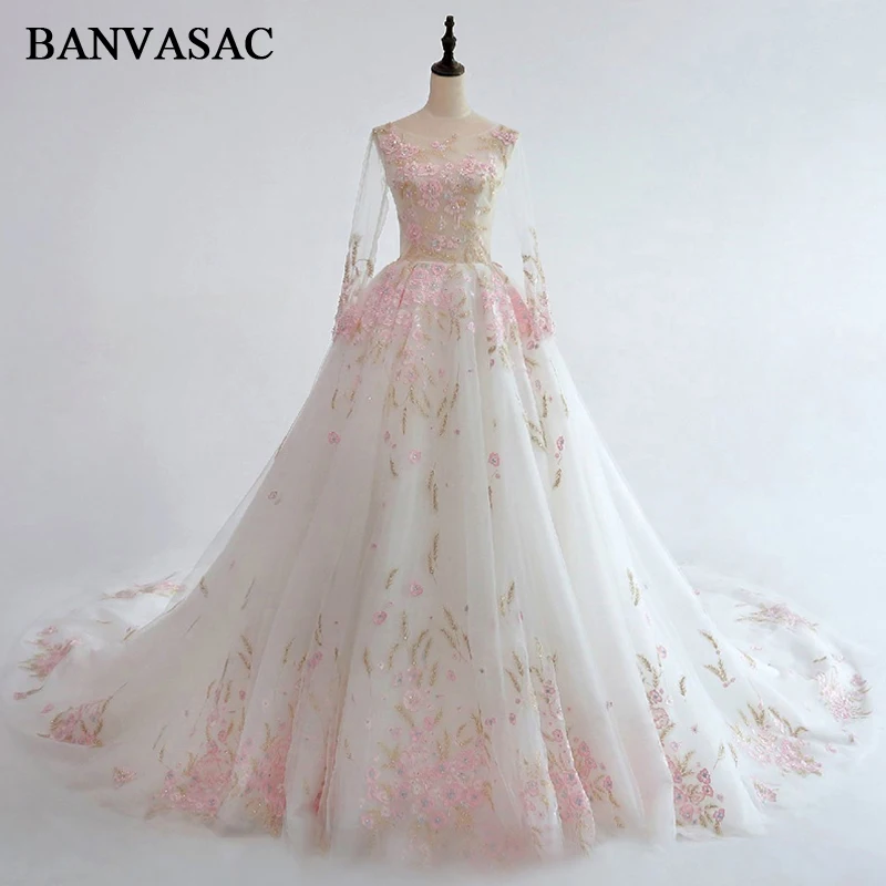 

BANVASAC 2018 Lace Appliques O Neck Ball Gown Wedding Dresses Real Photos Long Sleeve Plus Size Cathedral Train Bridal Gowns