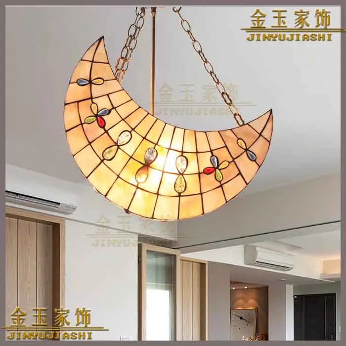 

Mediterranean Tiffany shell moon shape pendant light Suspended Luminaire for children room Restaurant decorated lamp