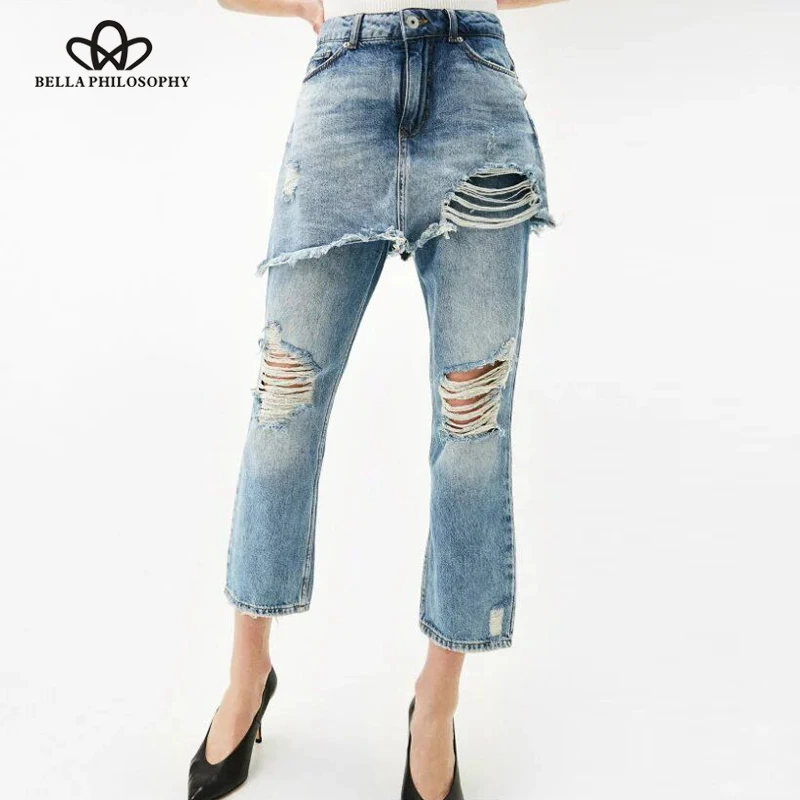 Женские рваные джинсы Bella Philosophy, светло-голубые повседневные джинсы с дырками, для ношения летом