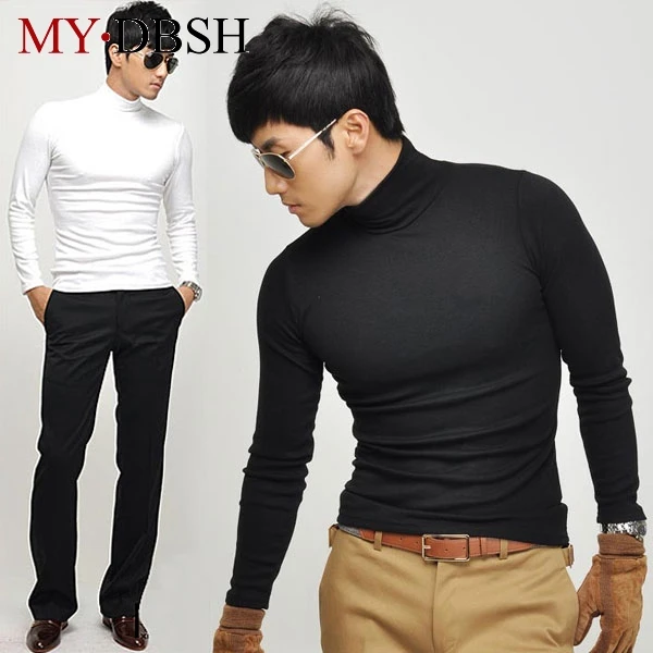 

2019 MYDBSH Brand Mens Elastic T Shirt Solid Color Turtleneck High-elastic Neck Long Sleeve TShirt Men Slim Fit Casual T Shirts