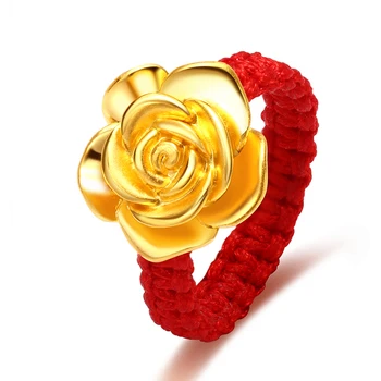 

New Pure 999 24K Yellow Gold 3D Charming Rose Flower Woman's Lucky Knitted Ring Gift For Lover