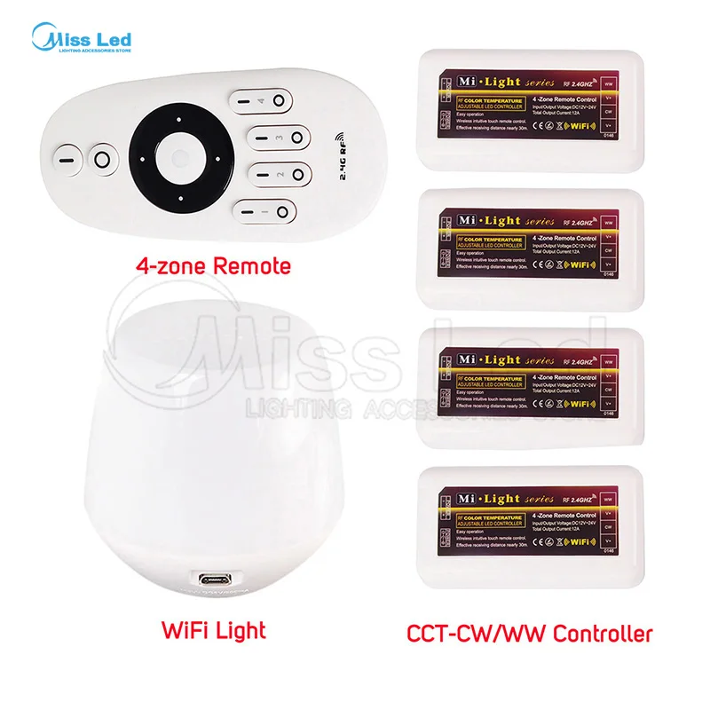 

Remote+WiFi+4x WW/CW Controller 2.4G 4-zones groups control controller dimmer For Warm/Cool White Led Strip Light Lamp Bulb