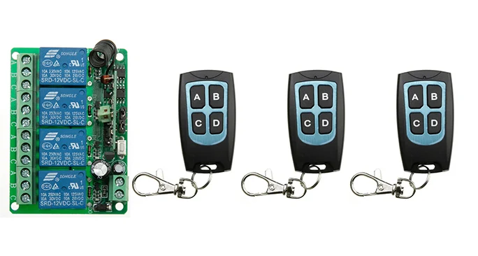 

DC 12V 10A 4CH RF Wireless Relay Remote Control Switch 315 MHZ /433 MHZ 3*Transmitter&1* Receiver for garage door / window /lamp
