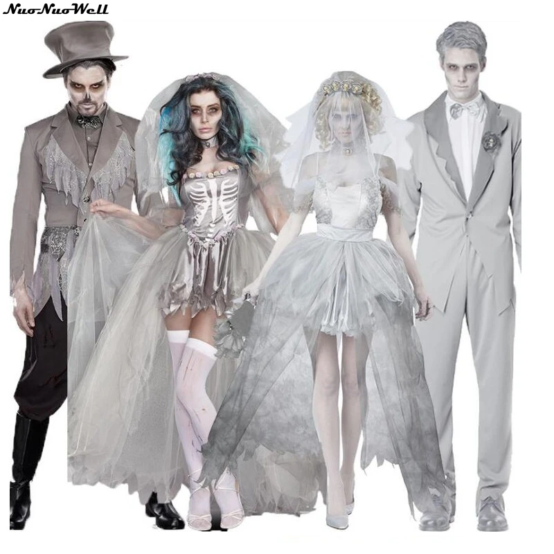 

Couples' Ghost Lace Shoulder Sleeves Ghostly Bride Scary Costume Halloween Party Adult Men Woman Dress Doom Ghost Bride Costumes