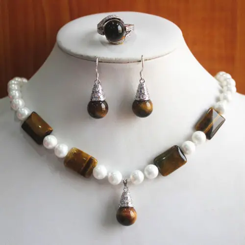 

charm Jew.657 Fashion Women'S 8mm White Pearl Mixed Tiger Eye Stone Necklace Earring Ring Set new