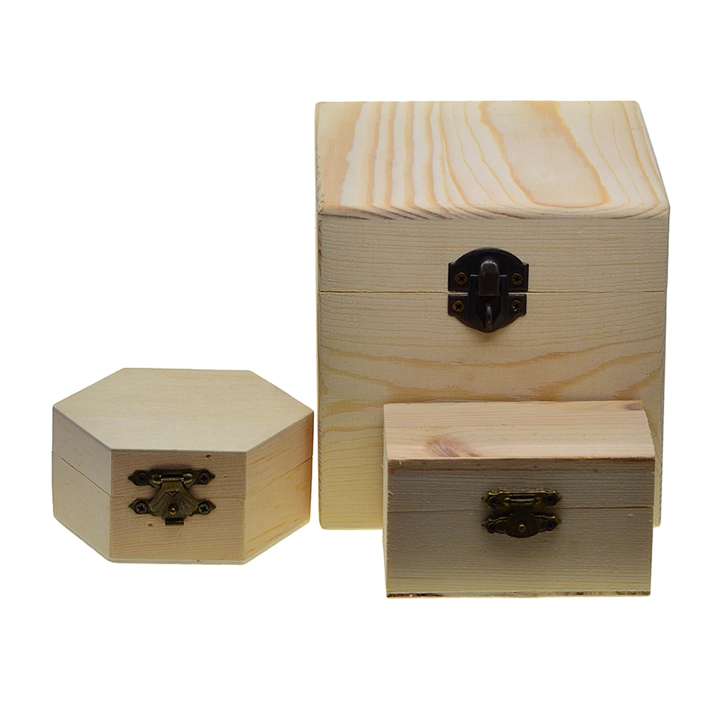 6pcs Natural Unfinished Wood Wooden Jewelry Gift Box Storage Case Organizer for DIY Painting Craft with Lid and Lock