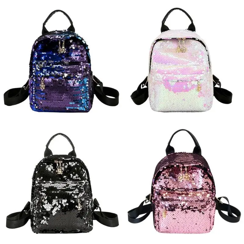 Women Shining Sequins Leather Backpack Girl Small Travel Shoulder