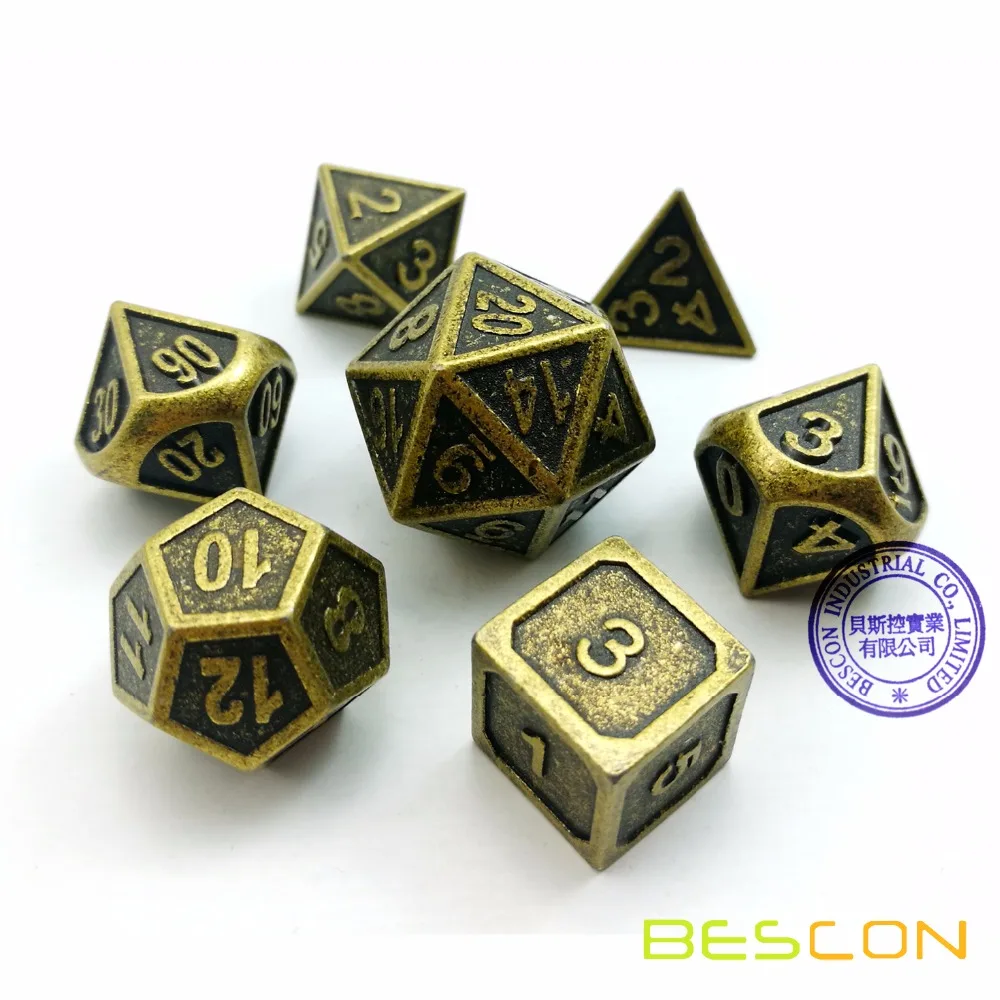 Bescon стиль древний латунный твердый металлический многогранный D& D игральные кости Набор из 7 латунных металлических ролевых игр игральные кости 7 шт. набор D4-D20