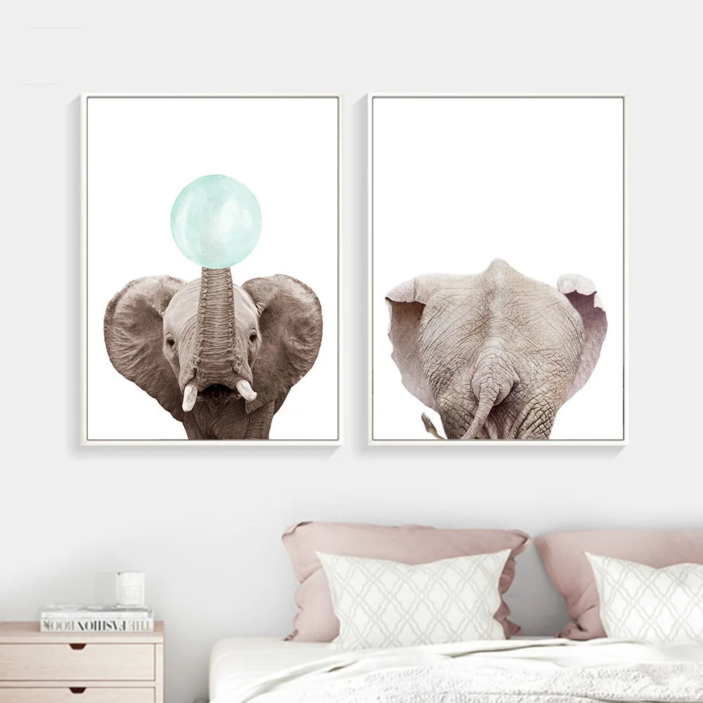 

Woodland Animal Gum Bubble Rabbit Painting Elephant Poster Canvas Print Wall Art Nordic Style Modular Picture Bedroom Home Decor