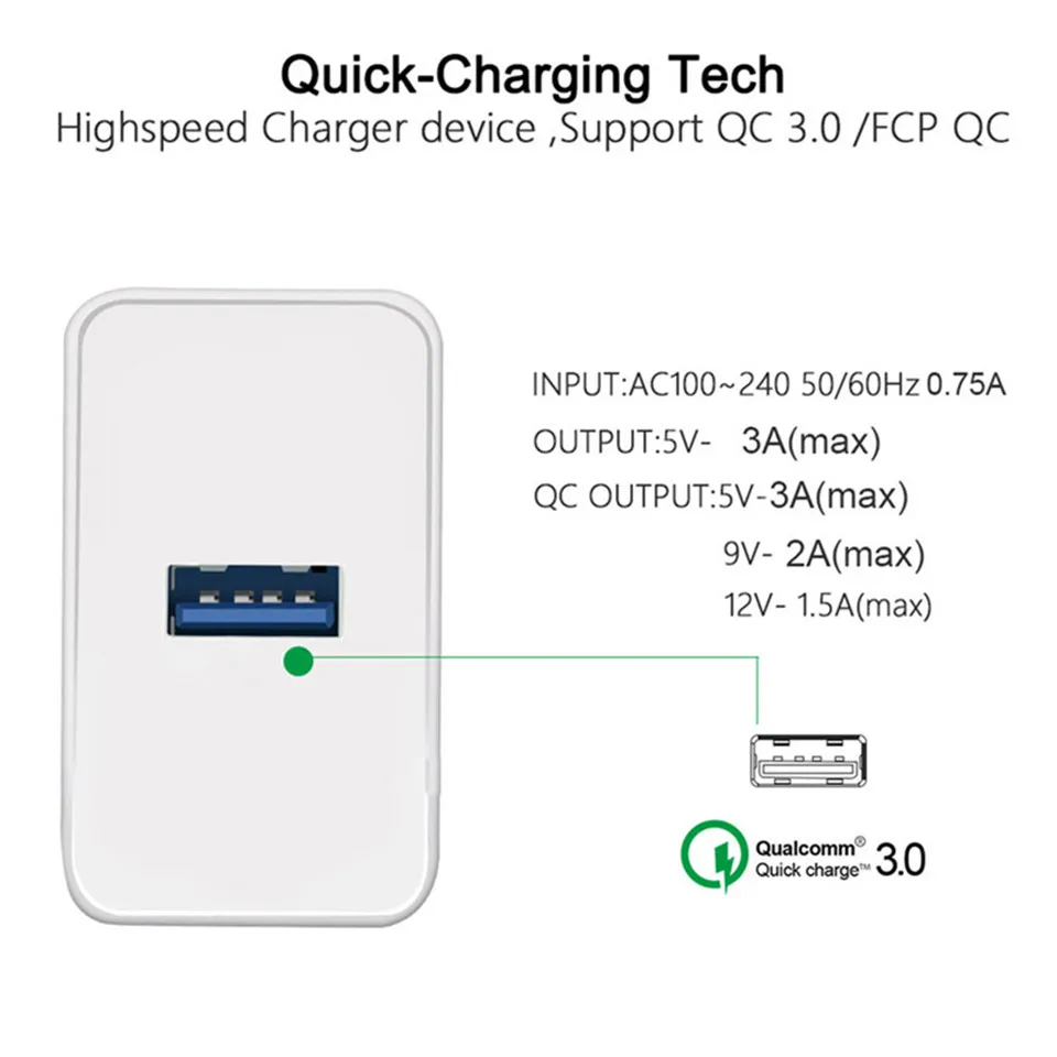 5 V 3A العالمي شاحن يو اس بي السفر جدار QC3.0 سريع محول الشحن الهاتف المحمول شواحن ل iphone Xiaomi أقراص كابل تهمة