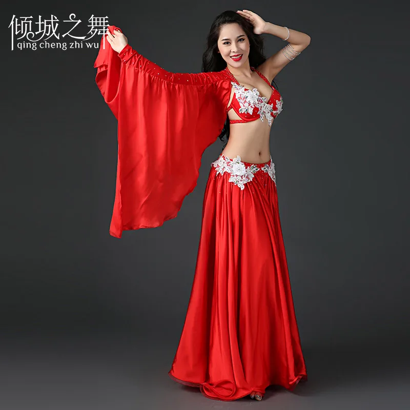 YC031 двойной рукав дизайн элегантная атмосфера спандекс шелк материал танец живота костюм подходит на весь год - Цвет: red Dans kyafeti