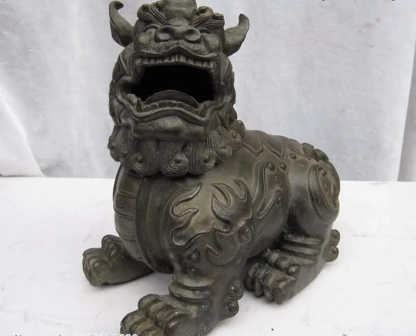 

Chinese pure bronze Carved Evil Fu Foo Dog lion censer incense burner Statue