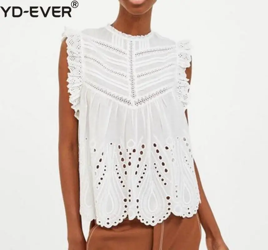 

2019 Girl Sweet Hollow Out Embroidery Floral Summer Women White Vest Vintage Sexy Ruffle Lace Tank Casual Loose T Shirt Tee Tops