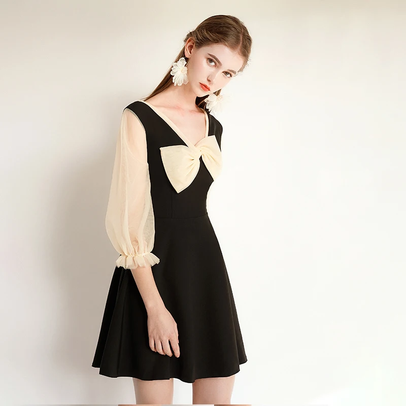 SSYfashion v образный вырез бант молния сзади 3/4 рукава выше колена мини чёрное