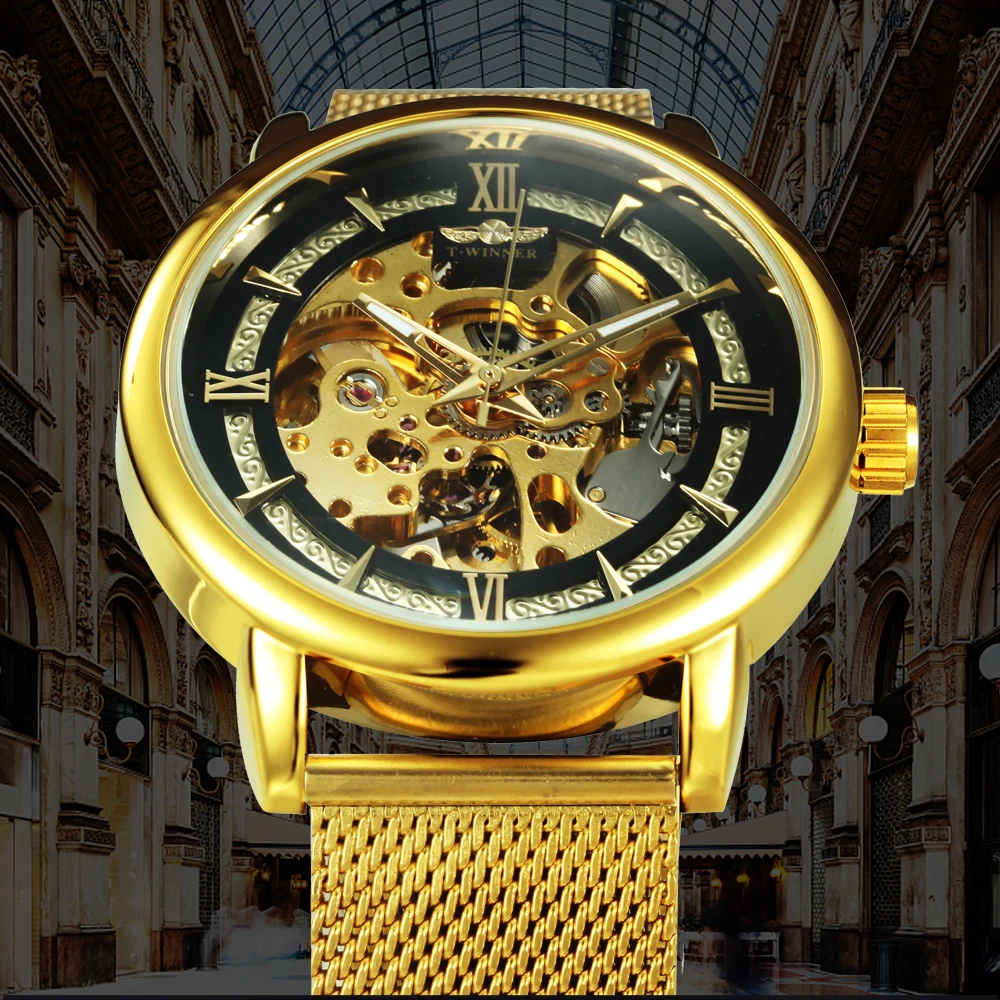 

WINNER 2019 Top Brand Luxury Golden Watch Men Skeleton Auto Mechanical Import Movement Fashion Urban Dress Wristwatches for Man