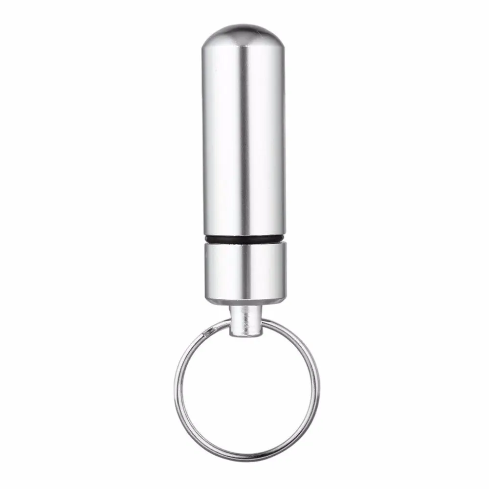 

1pc Keychain WaterProof Mini Portable Aluminum Silver Pill Box Case Bottle Cache Drug Holder Container With Key-Chain Newly