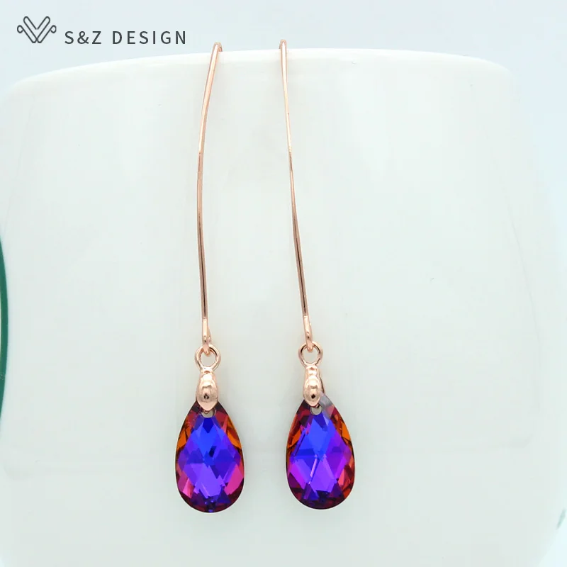 S&Z DESIGN New Fashion 585 Rose Gold Color Crystal Water Drop Dangle Earrings For Women Party Jewelry Gift Long Ear Hook
