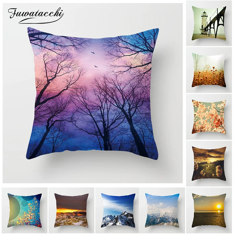 

Fuwatacchi Natural Scenery Cushion Cover Alpine Snow Peak Beach Sunset Glow Pillows Cover For Home Sofa Decorative Pillowcase