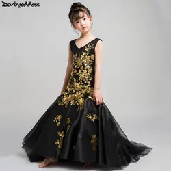 Элегантные черная Русалка платья для девочек для вечеринок и свадеб золотые кружевные вечерние платья для девочек Детские Платья с
