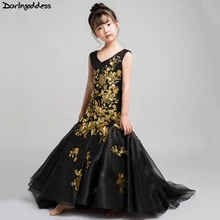Elegant Black Mermaid Girls Dresses for Party and Weddings Gold Lace Evening Dresses for Girls Kids Flower Girl Dresses 2018 2015 elegant a line and knee length flower girl dresses for weddings layered and unique handmade flower design