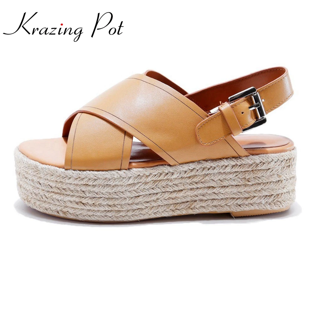 Krazing Pot cow genuine leather peep toe wedges straw high heels ankle straps solid nude sandals