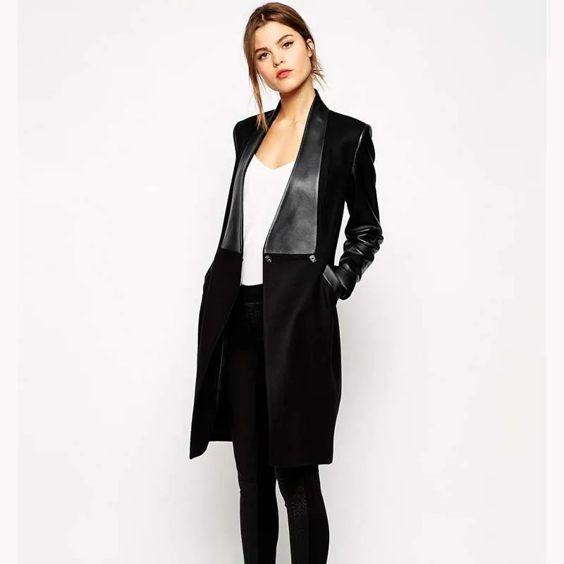 Зимнее женское пальто черное из искусственной кожи с карманами|female coat|brand coatcoat brand