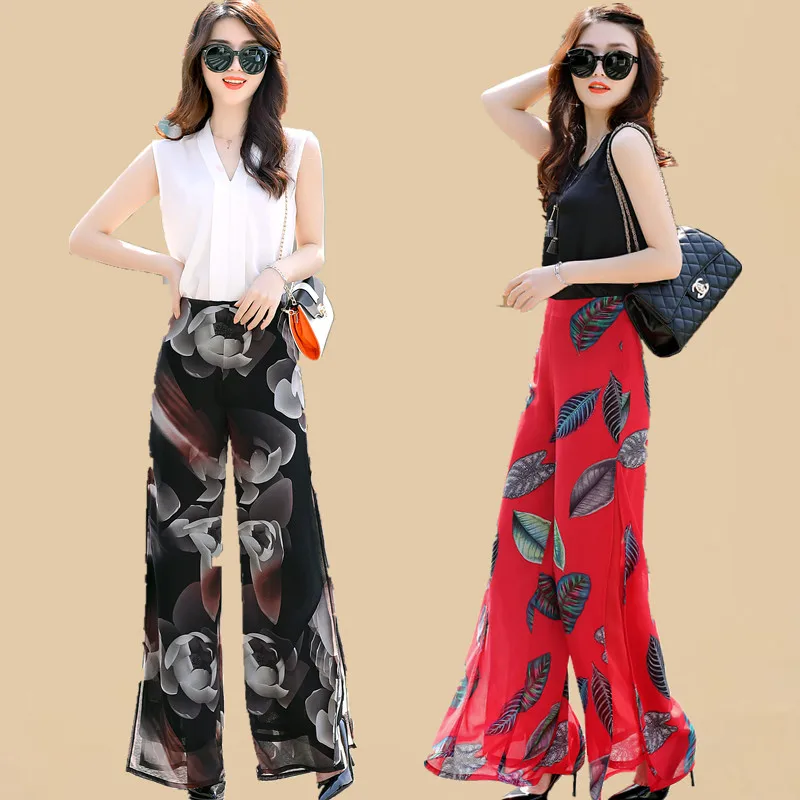 

Plus size Summer Women Print Flower Pattern Wide Leg Loose Chiffon Dress Pants Female Casual Skirt Trousers Capris Culottes