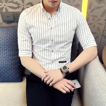 

Streetwear Summer Striped Shirt Men M-3XL High Quality 3/4 Sleeve Office Shirt Single Breasted Stripe Shirts Male Slim Fit XXXL