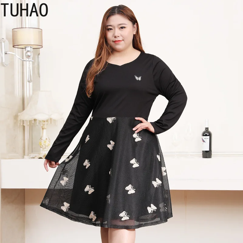 

2019 Spring Black Party Dress Embroidery Gauze Women's Dresses Large Size 10XL 8XL 6XL Woman Elegant Office Lady Dress MSFS