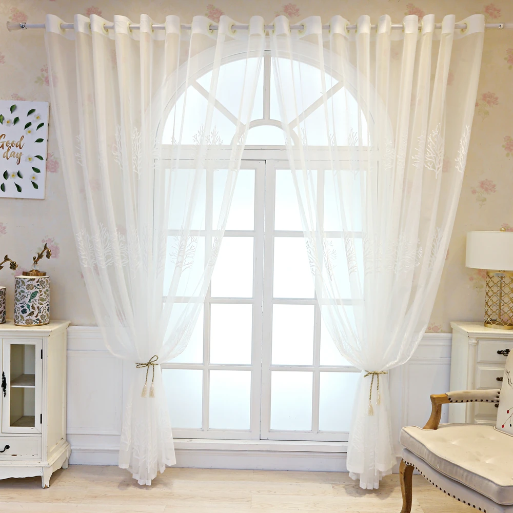 Window living tree white trees embroidered voile room curtains for living room curtain drapes tulle sheer window A951 (4)