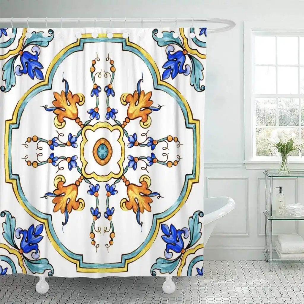Shower Curtain Watercolor Ornaments On Italian Tiles Majolica Cyan Outline Blue Arabic Abstract Color Bathroom Shower Curtains Aliexpress