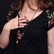 

Chinese traditional butterlfy &leaf ceramic necklace yellow, handmade braided ethnic ceramic jewelry vintage pendants necklace