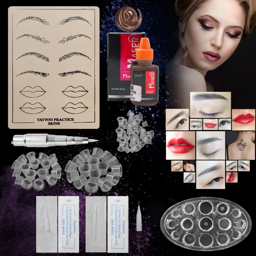 Permanent Makeup Machine Kit with Needles Tips Ink Cup Holder Practice
