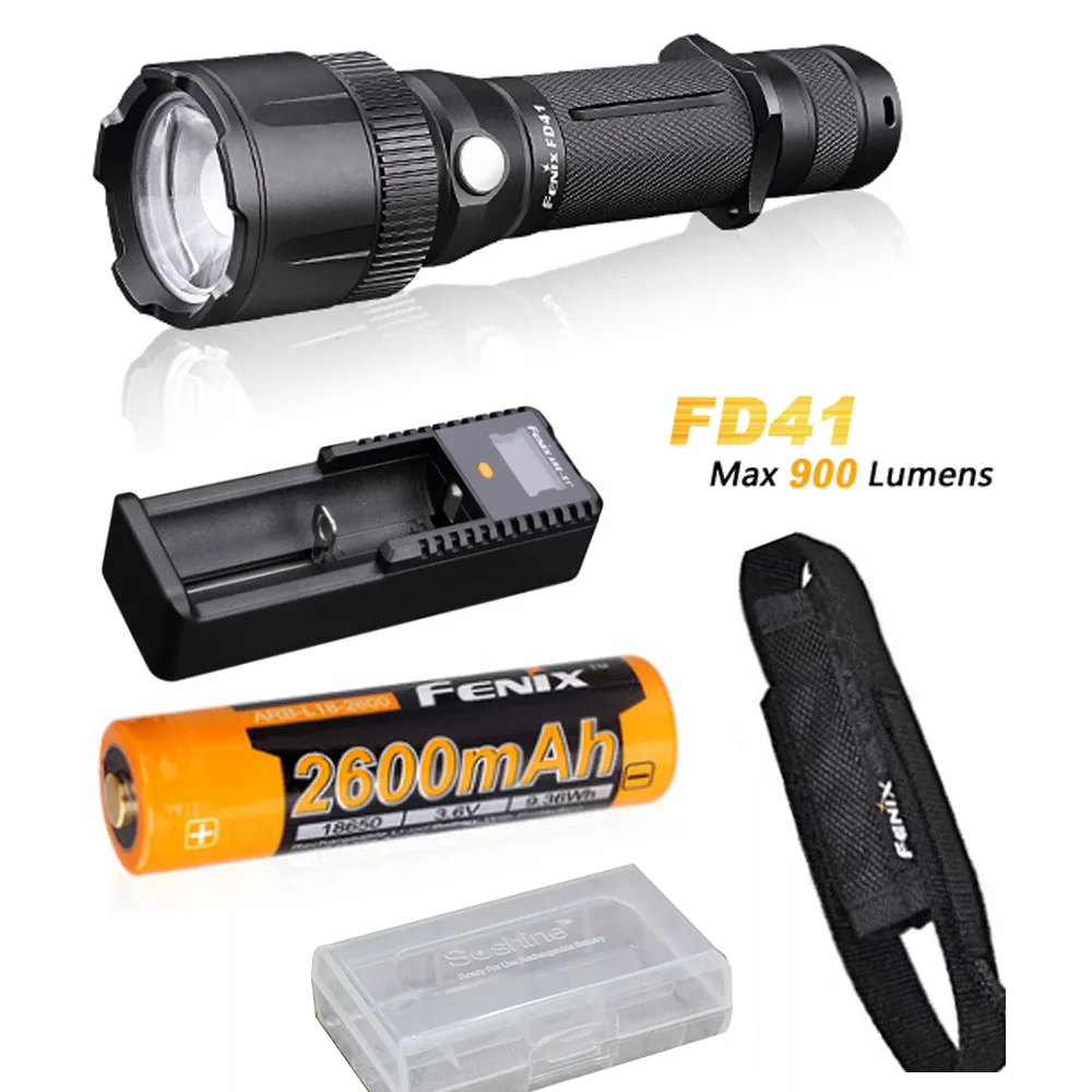 

Fenix FD41 zoomable CREE LED 900 Lumen tactical Flashlight with Holster, ARB-L18-2600 battery and FENIX ARE-X1+ charger