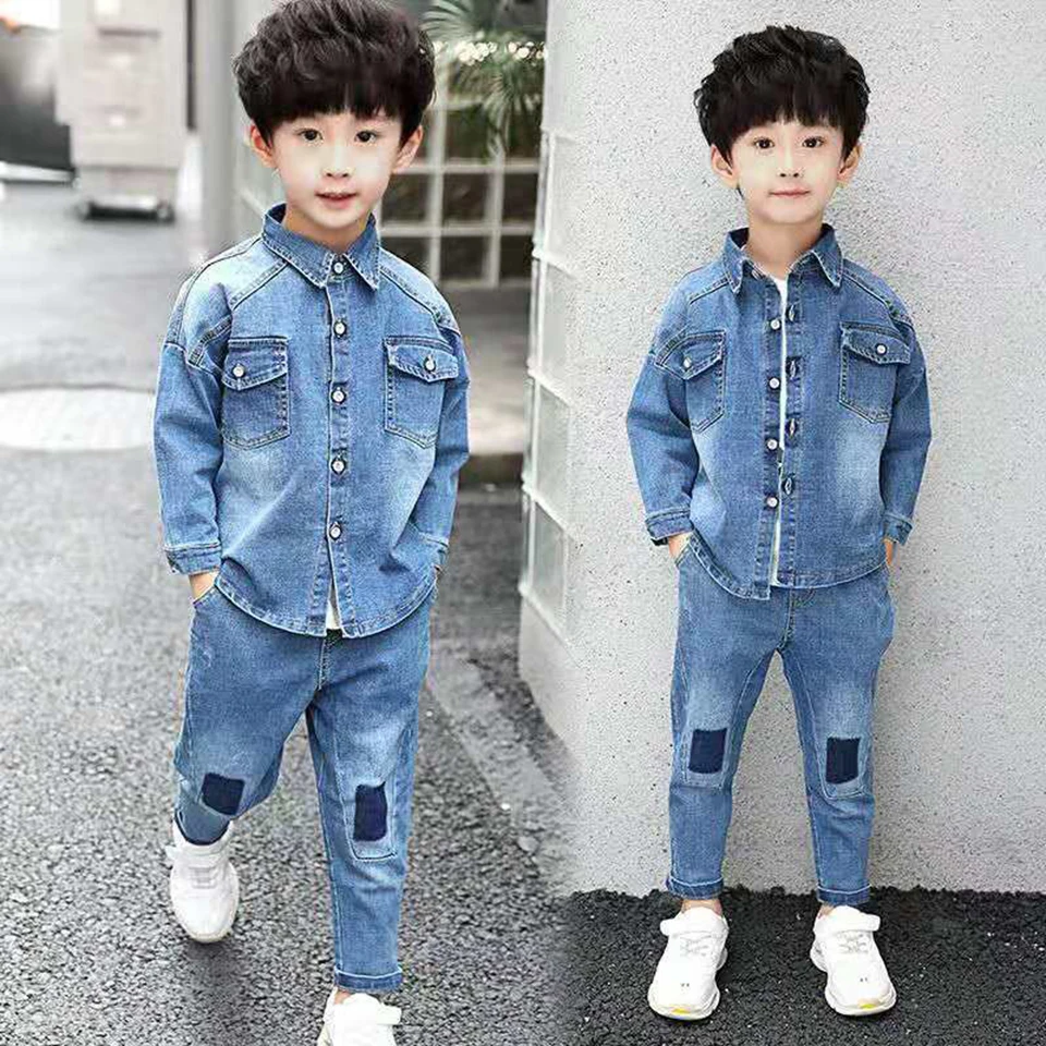 Комплекты одежды для маленьких мальчиков синие джинсовые куртки+ штаны, повседневные спортивные костюмы из 2 предметов, детская спортивная одежда осенняя одежда теплая одежда для мальчиков