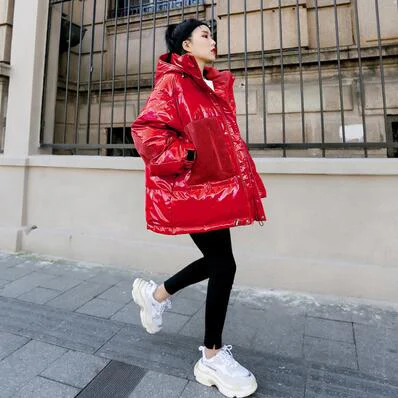 Женская зимняя куртка большого размера, шикарная, с большим карманом, теплая, с хлопковой подкладкой, пальто для женщин, парка, Новое поступление, с капюшоном, глянцевая куртка для женщин - Цвет: Red
