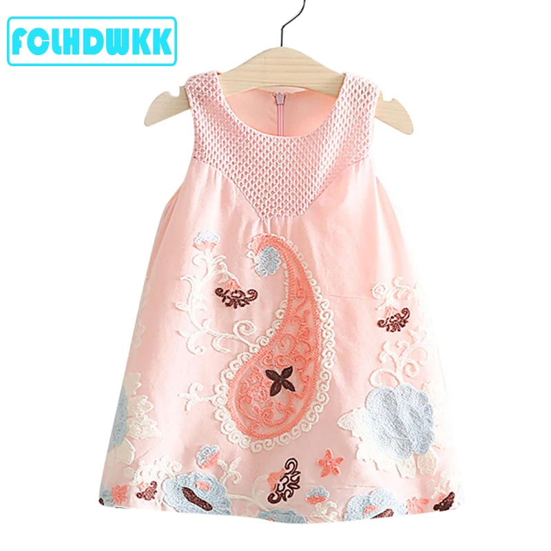 FCLHDWKK 2019 Pretty Little Dresses Girl Baby Flower Print Dress Summer Sleeveless Embroidery Pink Party Wedding | Детская одежда и