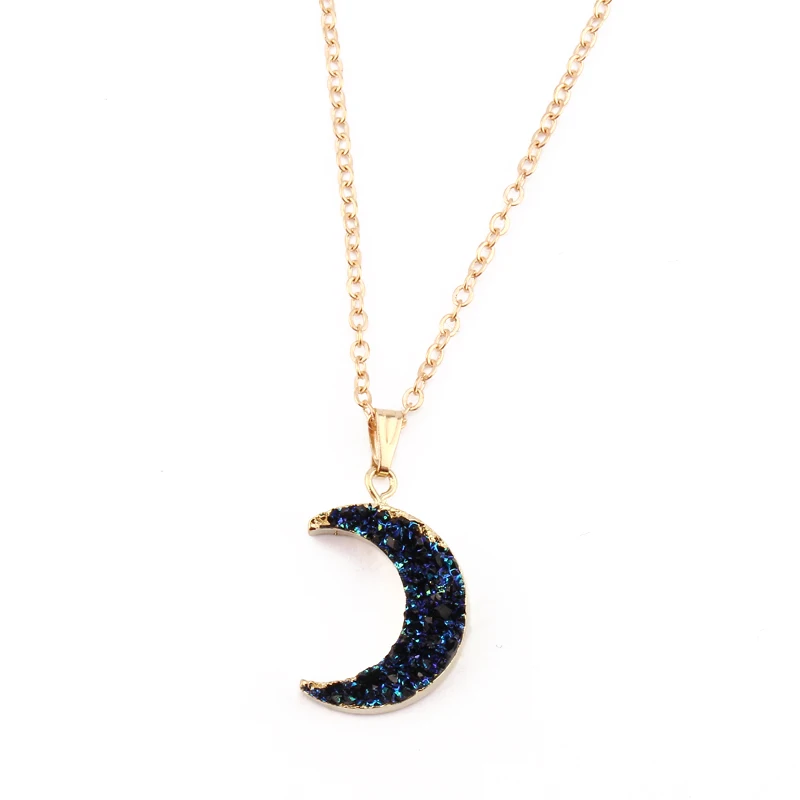 

Dayoff Moon Resin Stone Pendant Necklace Women Fake Druzy Gold Color Crescent Chain Necklace for Female Link Chain N499
