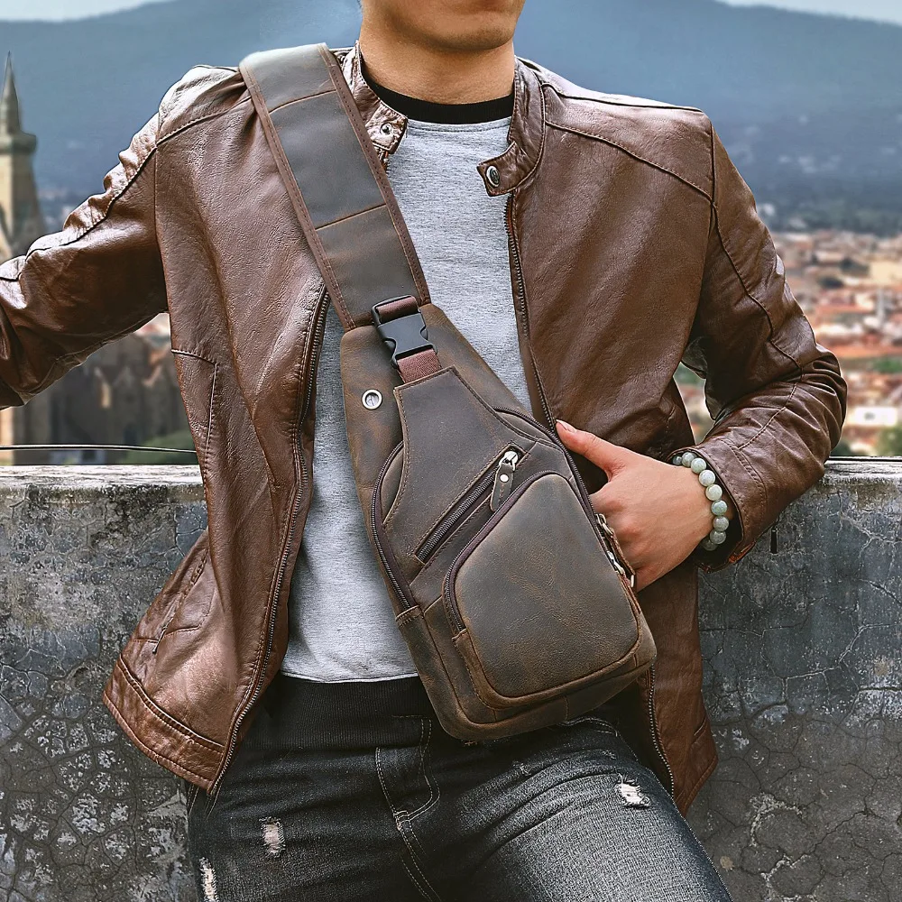 

2019 Men Original Crazy horse Leather Casual Fashion Crossbody Chest Sling Bag Design Travel One Shoulder Bag Daypack Male