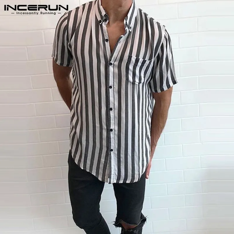 INCERUN 2019 Модная брендовая рубашка Для мужчин в полоску уличная нагрудные шеи Кнопка короткий рукав блузка Топы Для мужчин повседневная