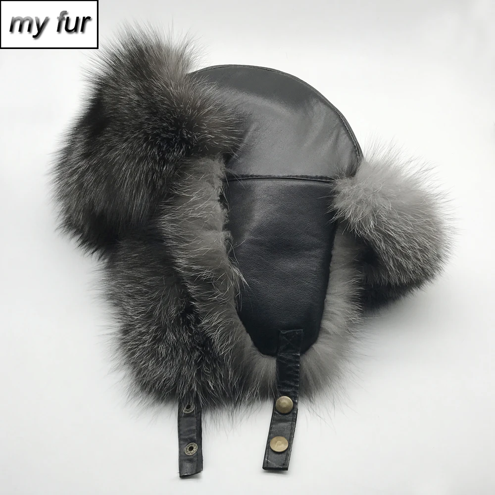

New Russian Unisex Winter Real Fox Fur Bomber Hat Women&men Raccoon Fox Fur Hats Thick Warm Earlap Genuine Sheepskin Leather Cap
