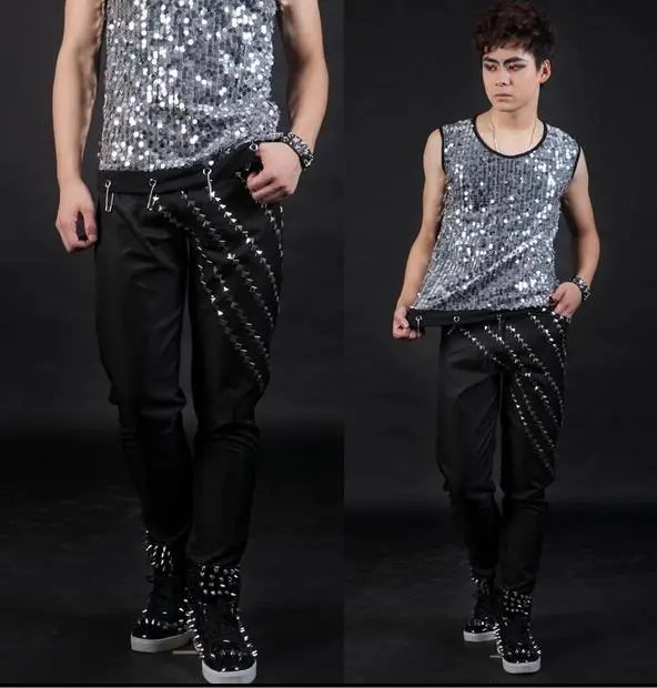 Black Singer costumes Rivets 1 pu leather pants men 1 pants man stage trousers faux leather pants mens Provide custom