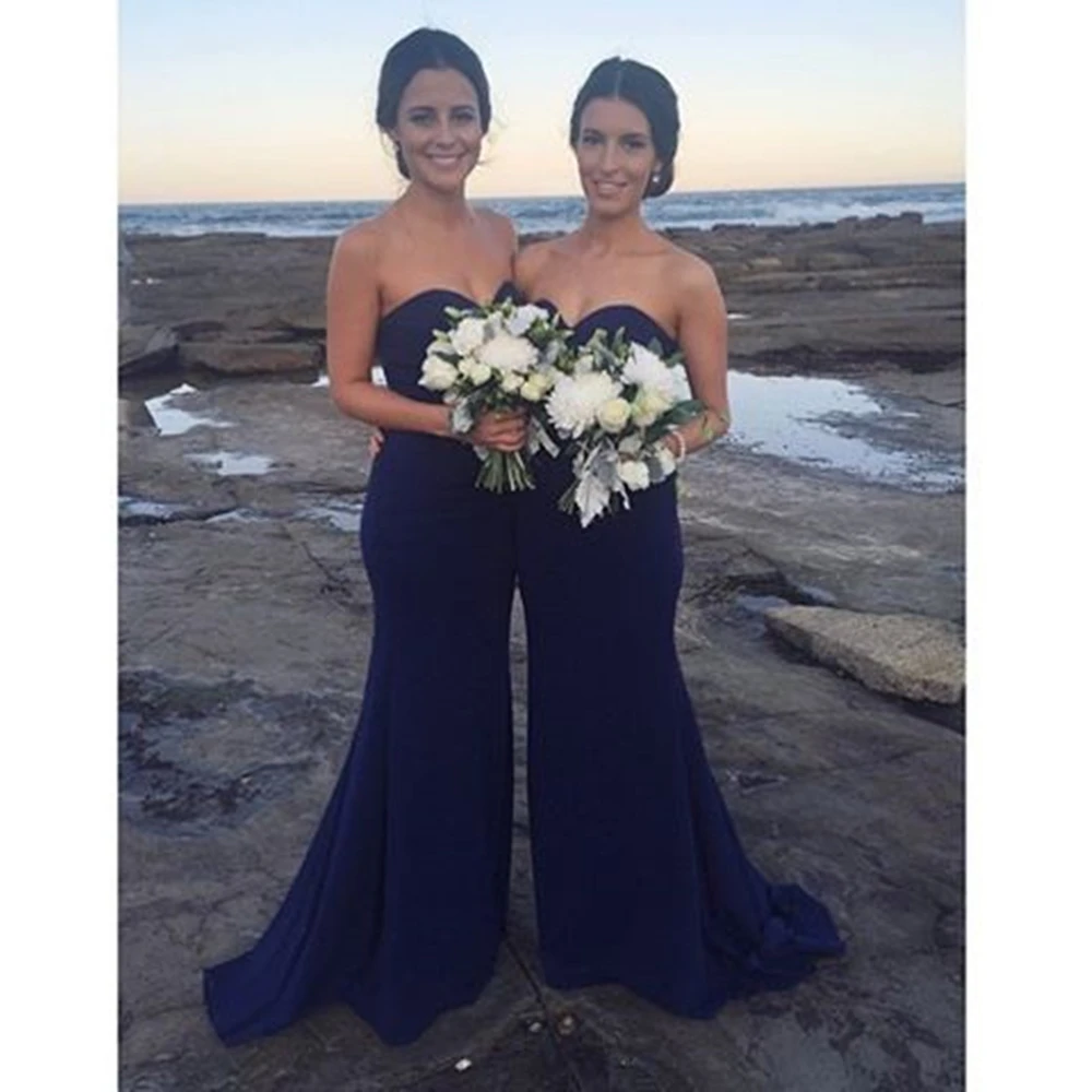 

Strapless Mermaid Dresses For Bridesmaid 2019 High Quality Elastic Satin Sweep Train Sleeveless Simple Bridesmaid Gowns Cheap