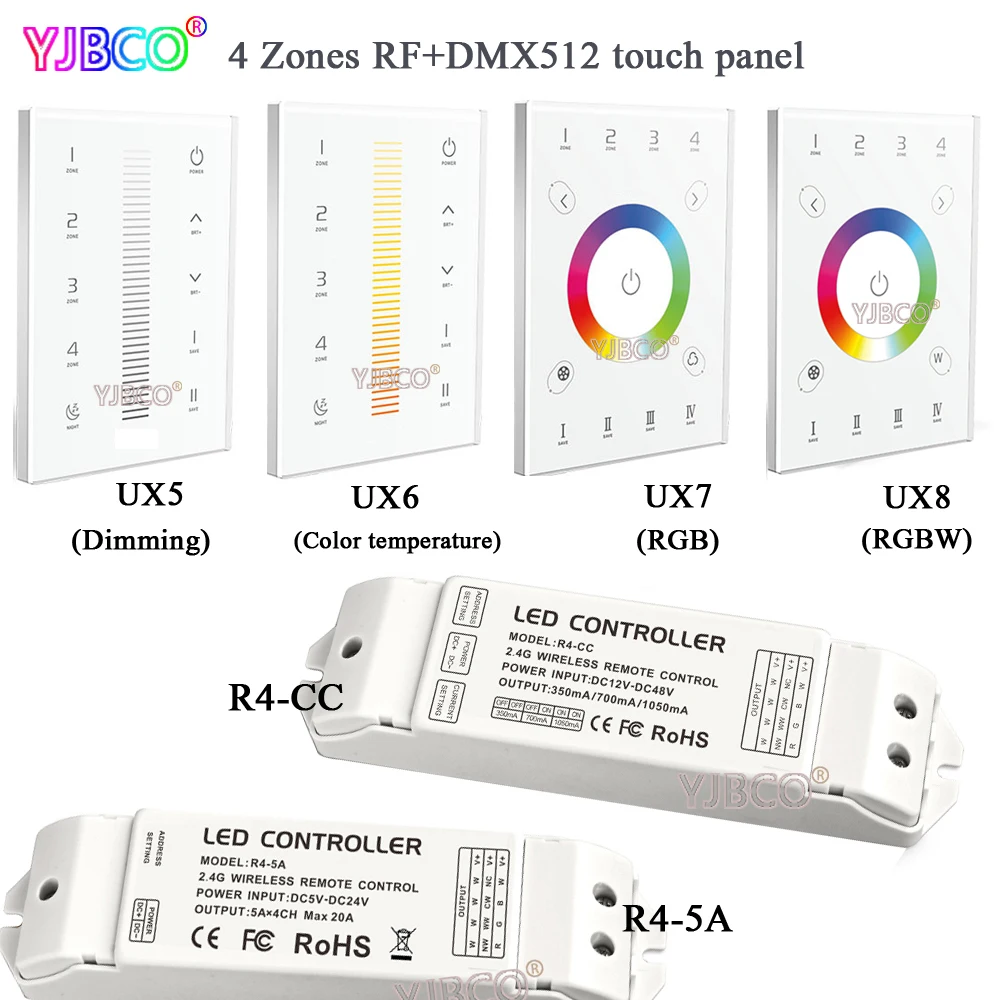 

2.4G UX1 UX2 single zone UX5 UX5 UX6 UX 8 4 zone DC5V Dimming Color temperature RGB RGBW touch panle DMX512 led dimmer