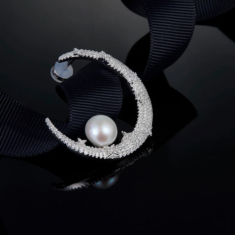 

[MeiBaPJ]Fashion Lady Simple Moon & Stars Nature Pearl Stud Earrings Genuine 925 Sterling Silver Earrings Jewelry For Women