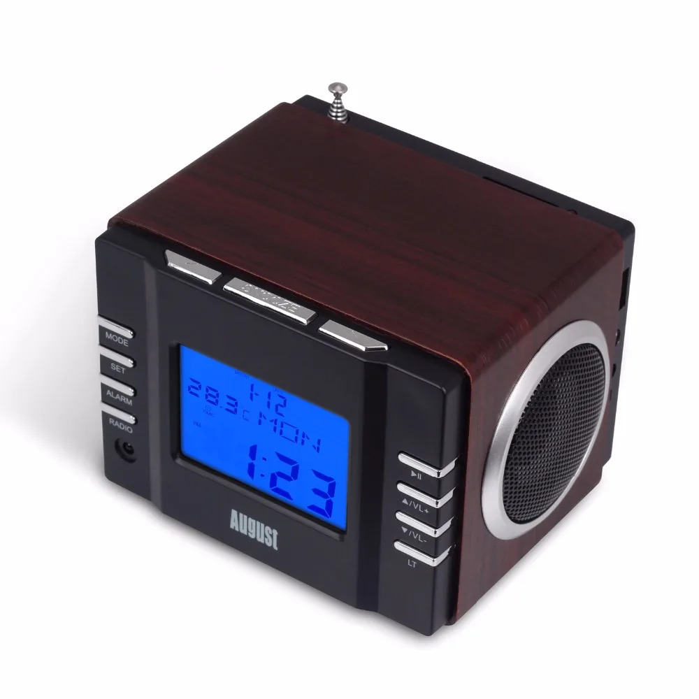 August MB300B деревянная мини стереосистема MP3 и FM радиочасы с SD картридером разъемами
